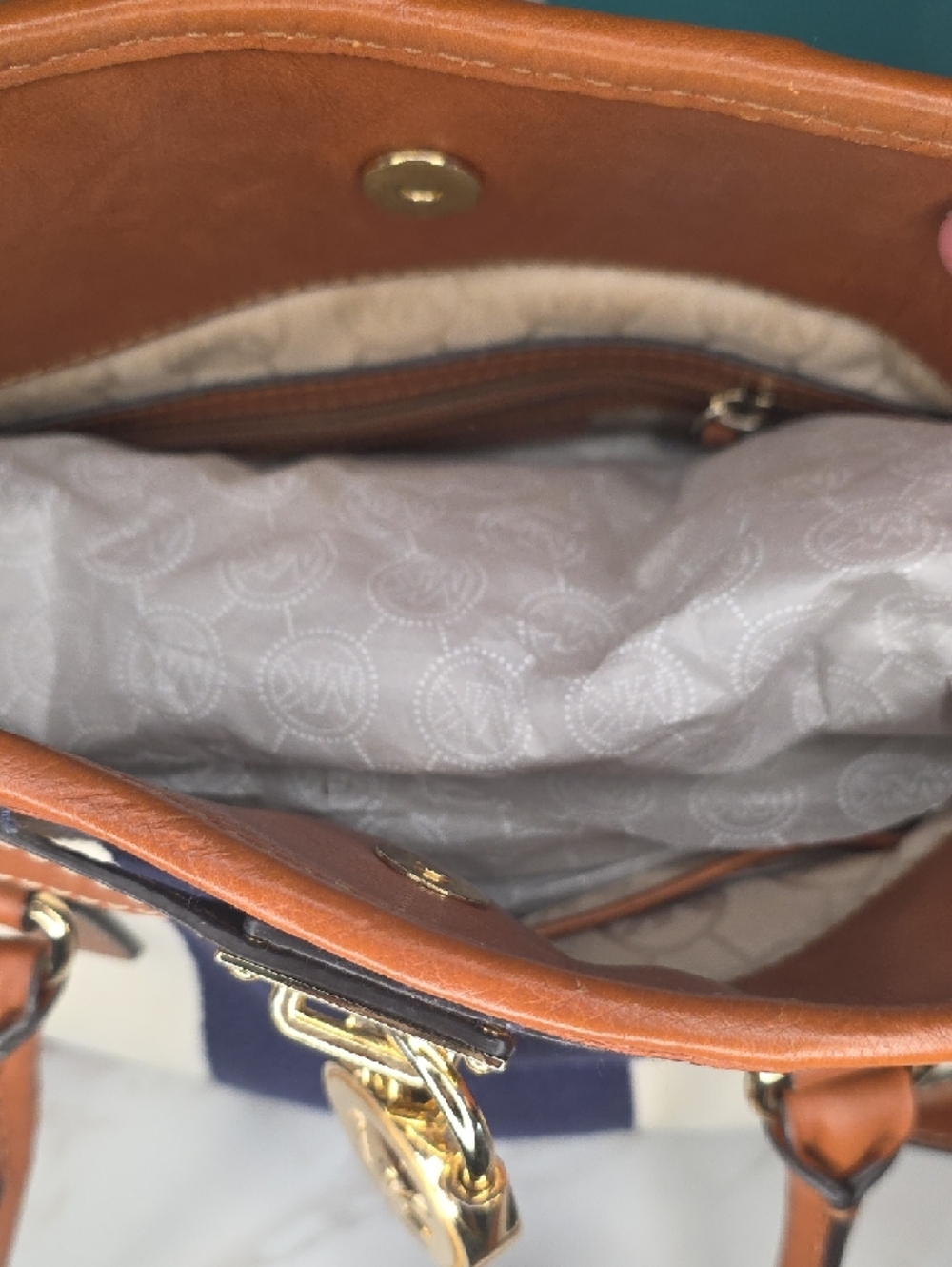 Michael Kors Hamilton MonoNavy and Tan Stripe Canvas Tote with Gold Hardware - Picture 9 of 14